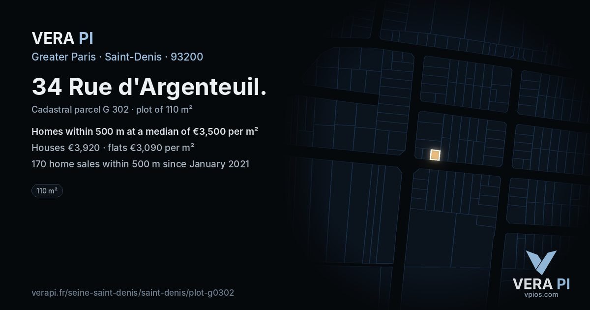 34 Rue d'Argenteuil, Saint-Denis at night – the plot lit, the parcels around coloured by the prices near them