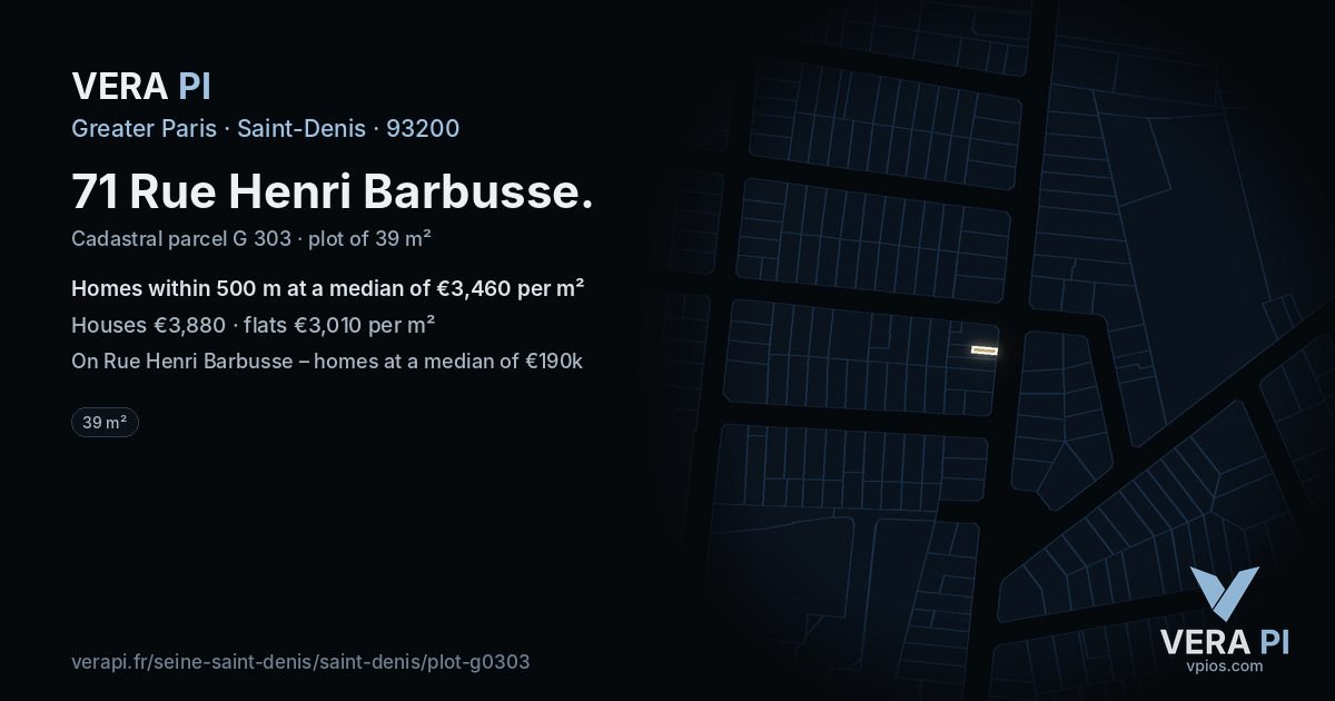 71 Rue Henri Barbusse, Saint-Denis at night – the plot lit, the parcels around coloured by the prices near them