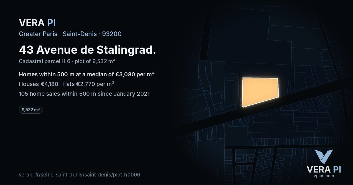 43 Avenue de Stalingrad, Saint-Denis at night – the plot lit, the parcels around coloured by the prices near them