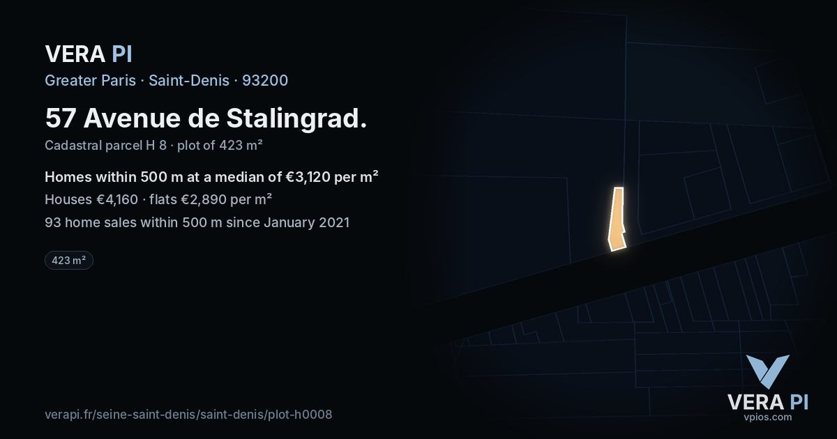 57 Avenue de Stalingrad, Saint-Denis at night – the plot lit, the parcels around coloured by the prices near them