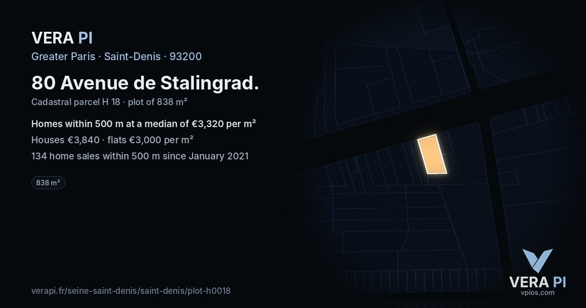 80 Avenue de Stalingrad, Saint-Denis at night – the plot lit, the parcels around coloured by the prices near them