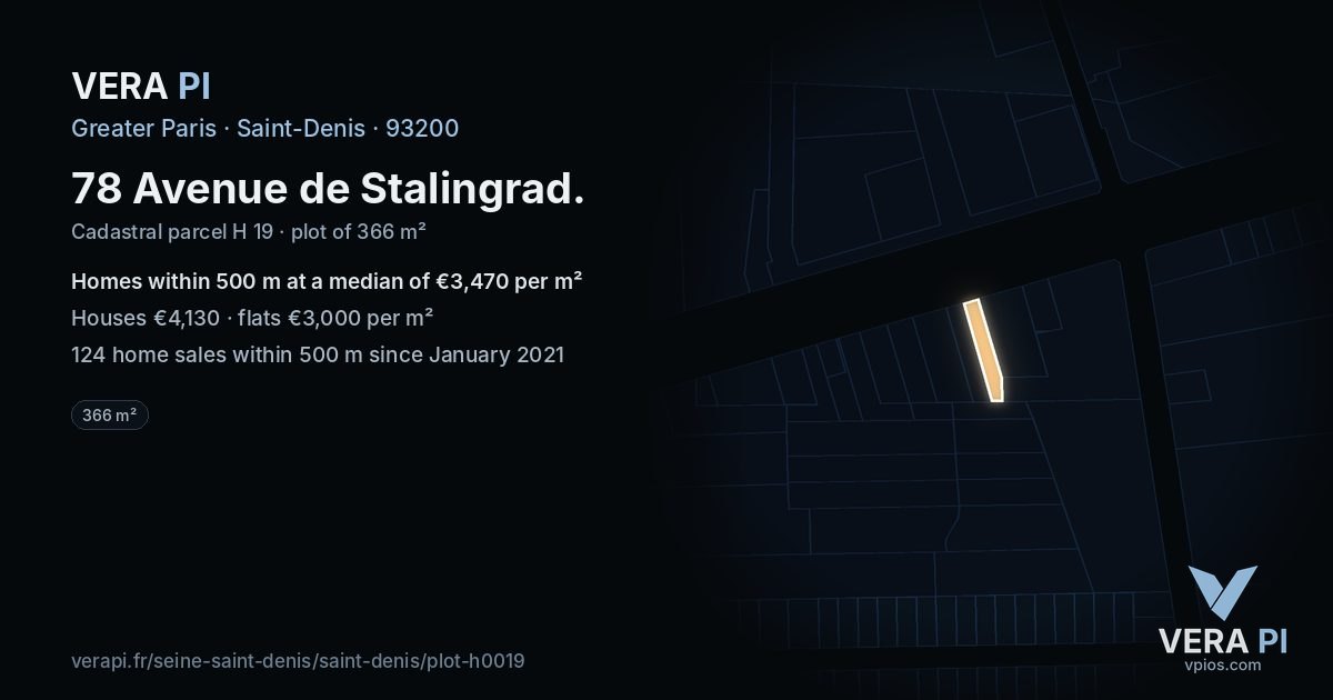78 Avenue de Stalingrad, Saint-Denis at night – the plot lit, the parcels around coloured by the prices near them