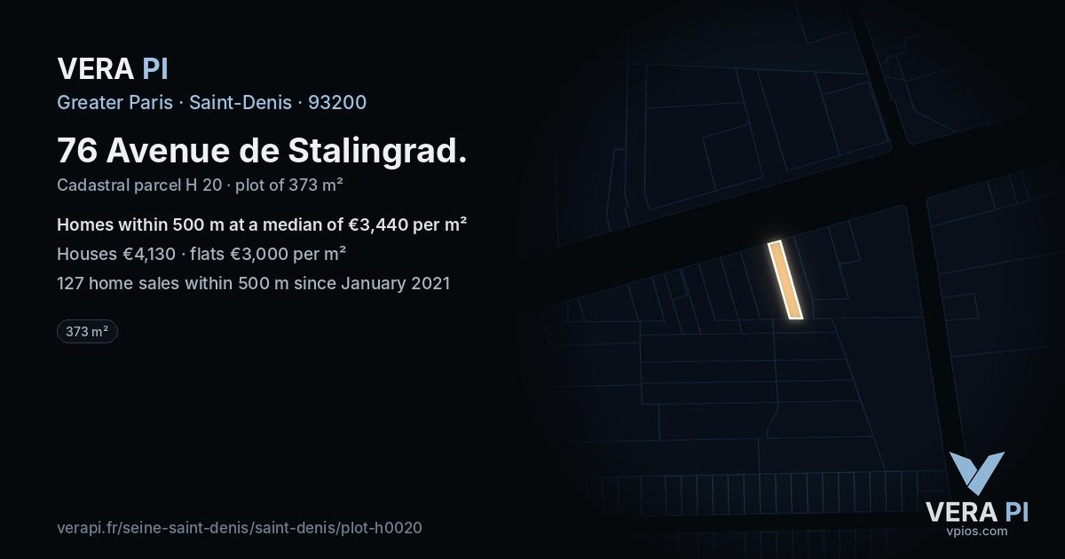 76 Avenue de Stalingrad, Saint-Denis at night – the plot lit, the parcels around coloured by the prices near them