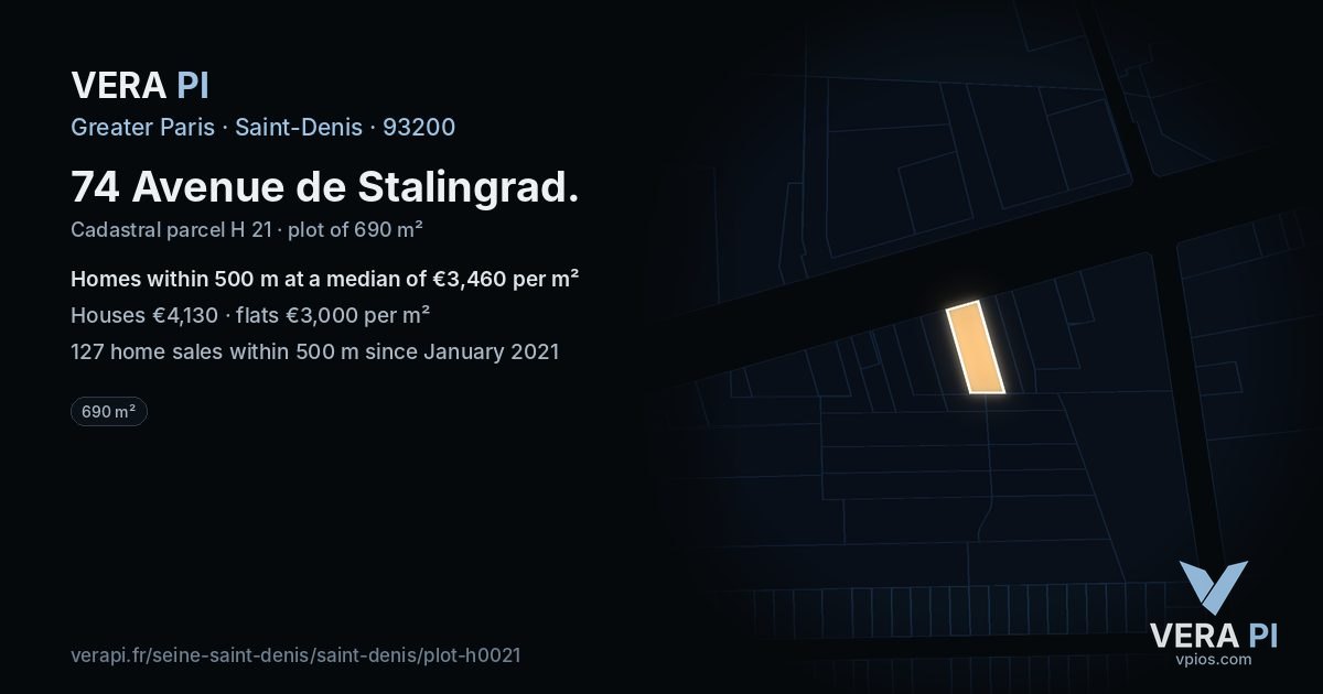 74 Avenue de Stalingrad, Saint-Denis at night – the plot lit, the parcels around coloured by the prices near them