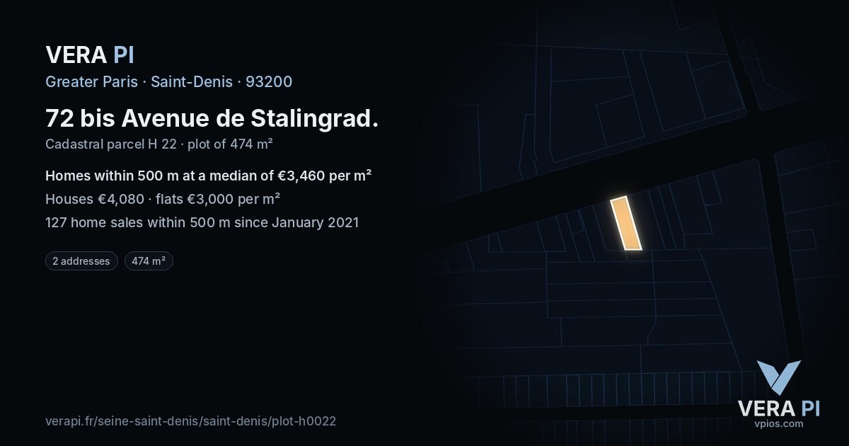 72 bis Avenue de Stalingrad, Saint-Denis at night – the plot lit, the parcels around coloured by the prices near them