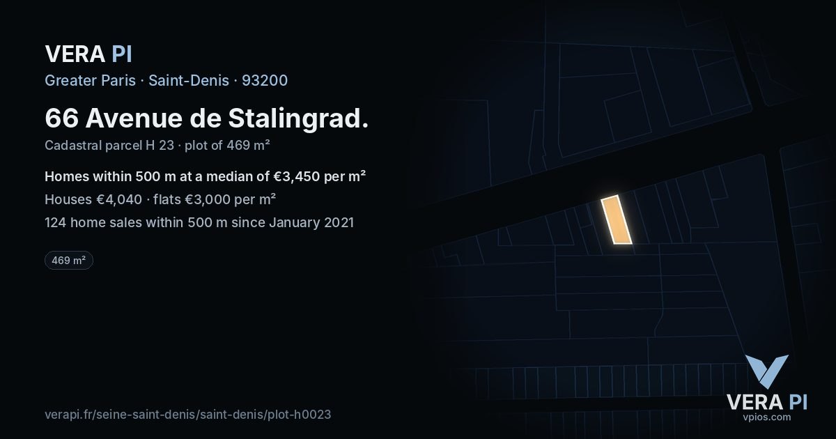 66 Avenue de Stalingrad, Saint-Denis at night – the plot lit, the parcels around coloured by the prices near them