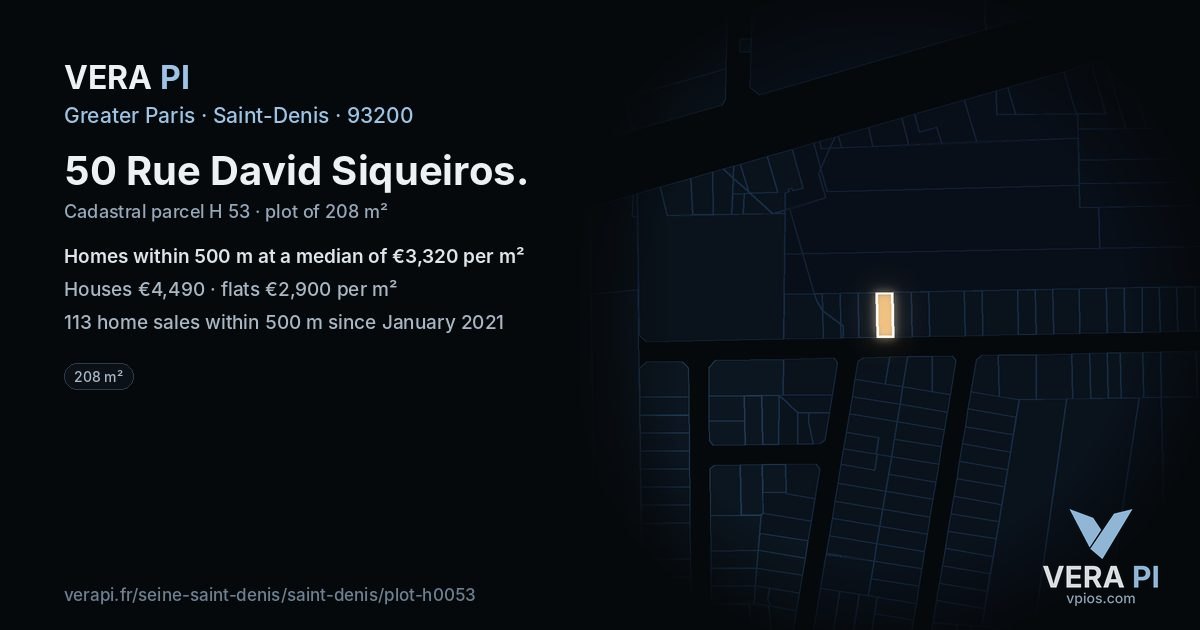 50 Rue David Siqueiros, Saint-Denis at night – the plot lit, the parcels around coloured by the prices near them