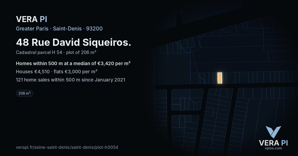 48 Rue David Siqueiros, Saint-Denis at night – the plot lit, the parcels around coloured by the prices near them