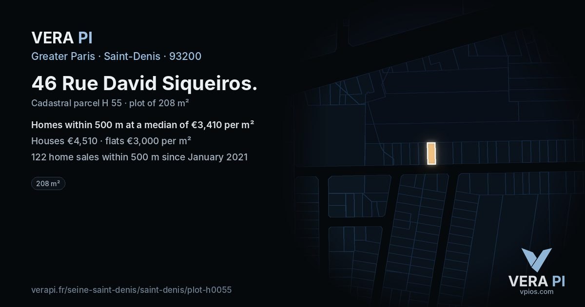 46 Rue David Siqueiros, Saint-Denis at night – the plot lit, the parcels around coloured by the prices near them