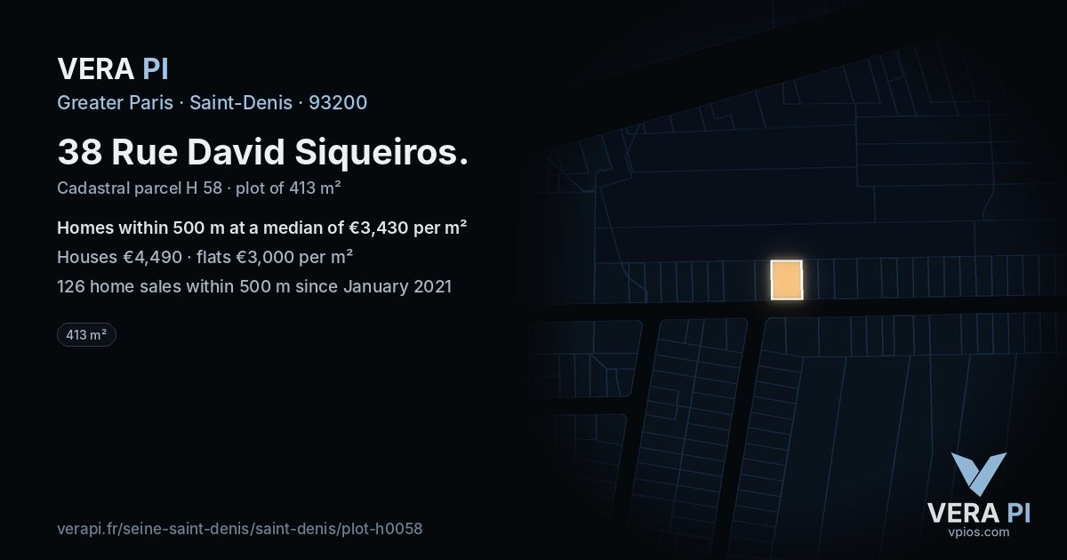 38 Rue David Siqueiros, Saint-Denis at night – the plot lit, the parcels around coloured by the prices near them