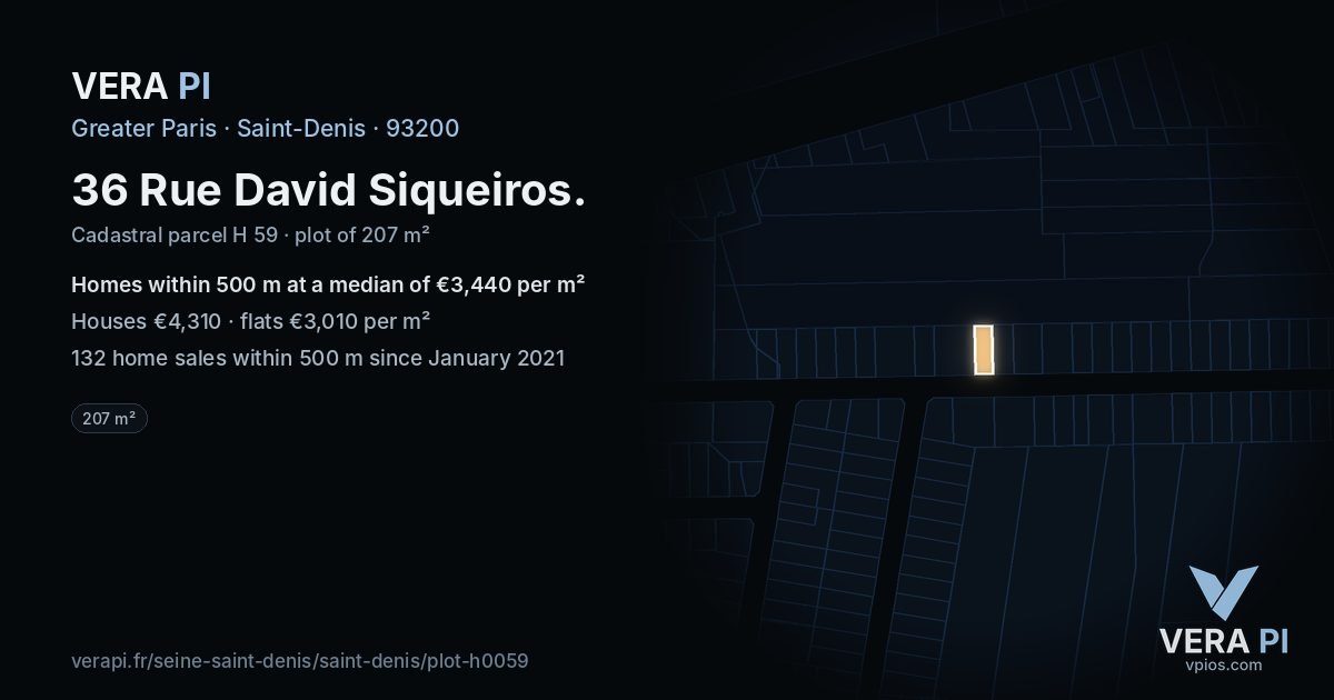 36 Rue David Siqueiros, Saint-Denis at night – the plot lit, the parcels around coloured by the prices near them