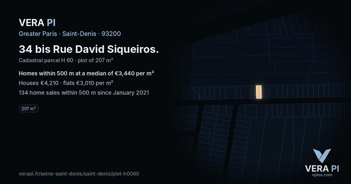 34 bis Rue David Siqueiros, Saint-Denis at night – the plot lit, the parcels around coloured by the prices near them