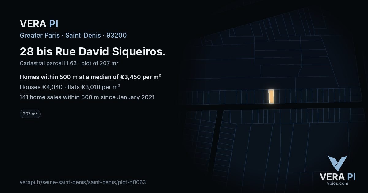 28 bis Rue David Siqueiros, Saint-Denis at night – the plot lit, the parcels around coloured by the prices near them