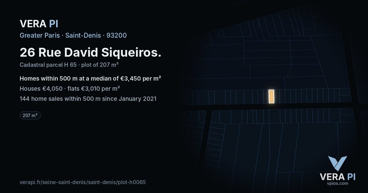 26 Rue David Siqueiros, Saint-Denis at night – the plot lit, the parcels around coloured by the prices near them