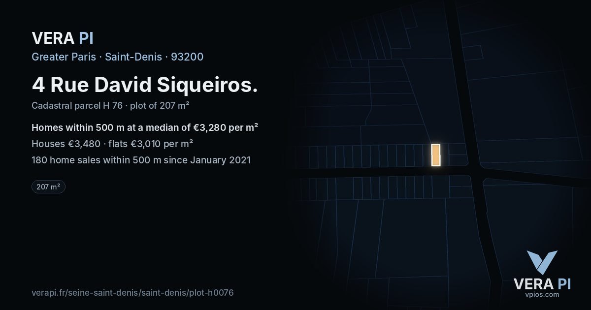4 Rue David Siqueiros, Saint-Denis at night – the plot lit, the parcels around coloured by the prices near them