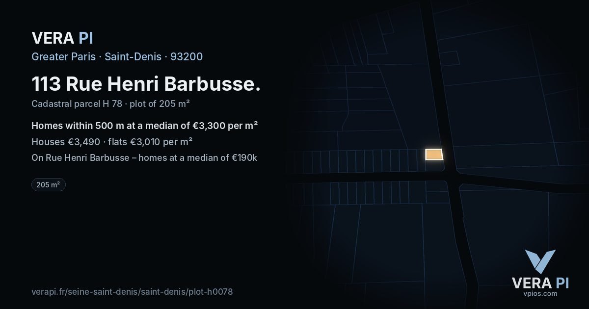 113 Rue Henri Barbusse, Saint-Denis at night – the plot lit, the parcels around coloured by the prices near them