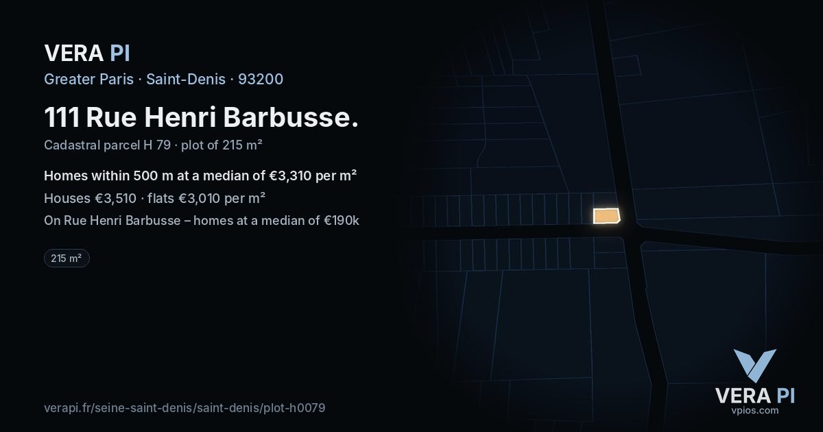 111 Rue Henri Barbusse, Saint-Denis at night – the plot lit, the parcels around coloured by the prices near them