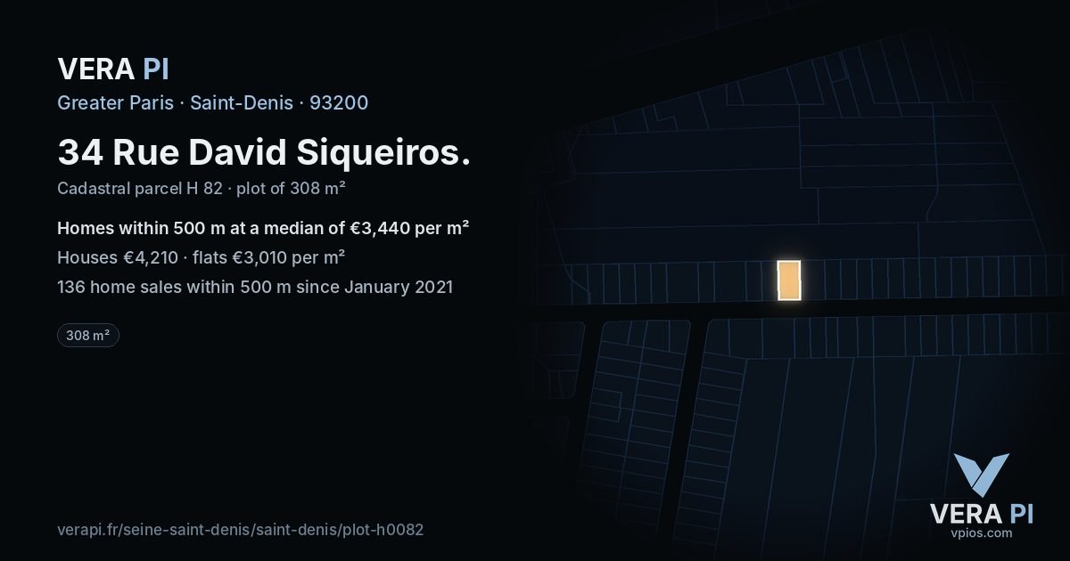 34 Rue David Siqueiros, Saint-Denis at night – the plot lit, the parcels around coloured by the prices near them
