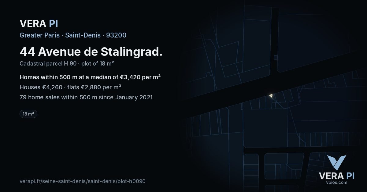44 Avenue de Stalingrad, Saint-Denis at night – the plot lit, the parcels around coloured by the prices near them