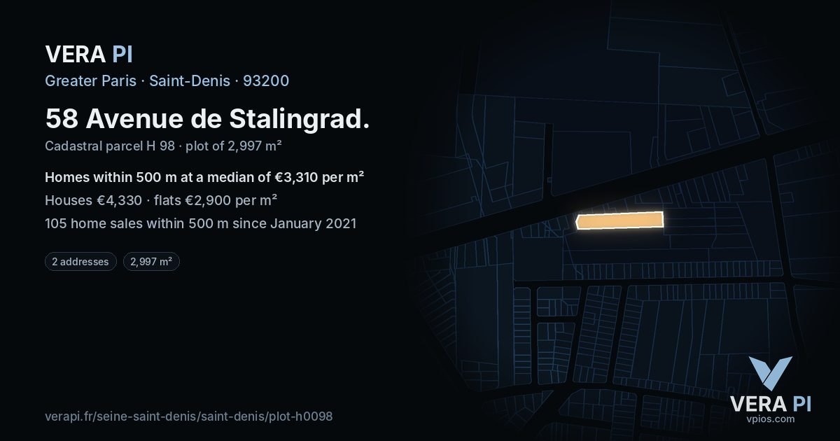 58 Avenue de Stalingrad, Saint-Denis at night – the plot lit, the parcels around coloured by the prices near them