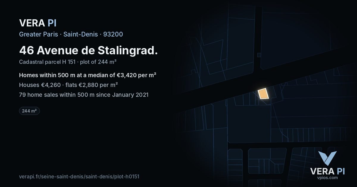 46 Avenue de Stalingrad, Saint-Denis at night – the plot lit, the parcels around coloured by the prices near them