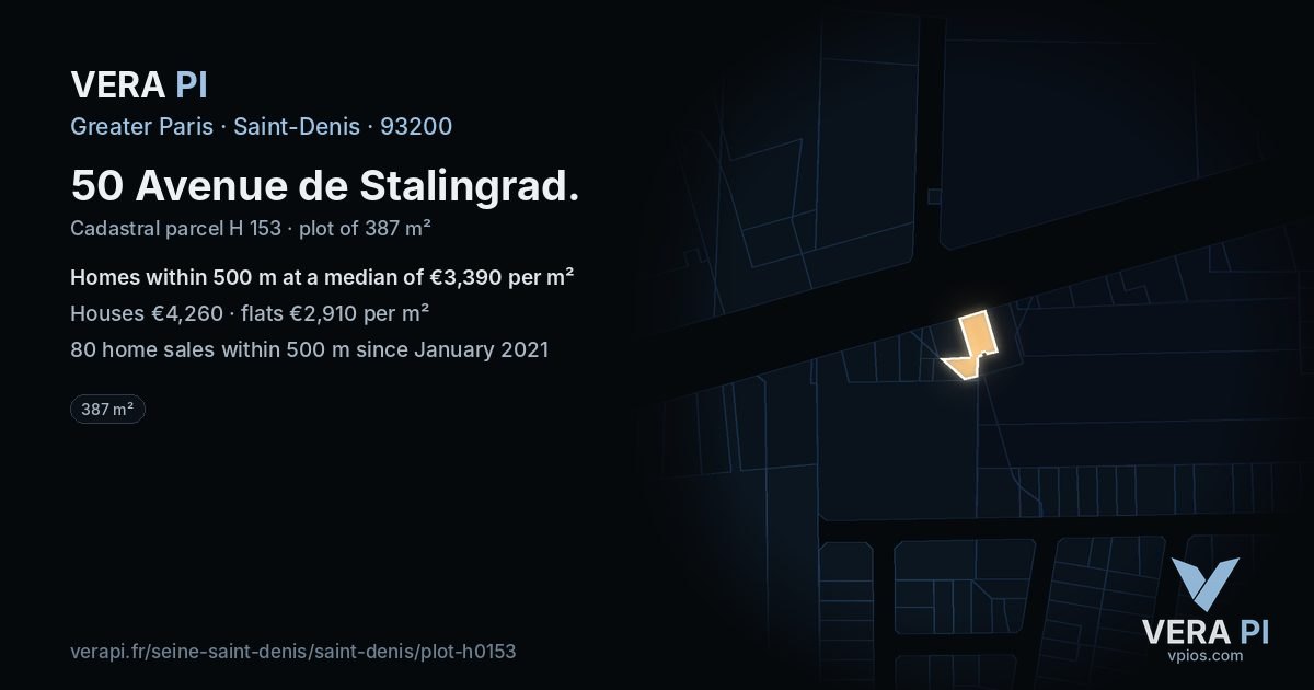 50 Avenue de Stalingrad, Saint-Denis at night – the plot lit, the parcels around coloured by the prices near them