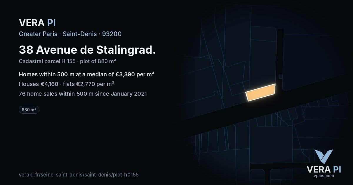 38 Avenue de Stalingrad, Saint-Denis at night – the plot lit, the parcels around coloured by the prices near them