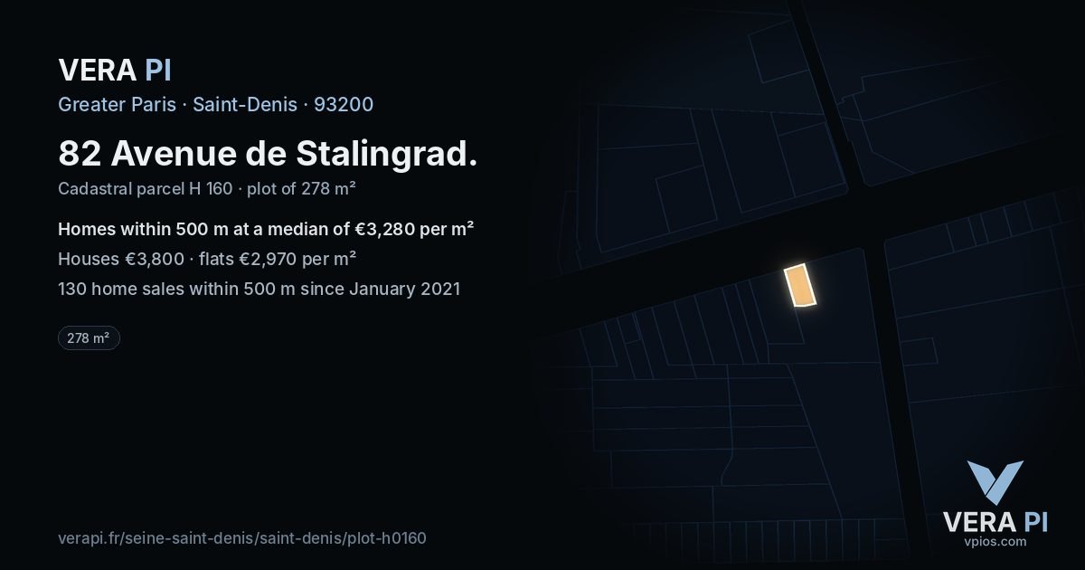 82 Avenue de Stalingrad, Saint-Denis at night – the plot lit, the parcels around coloured by the prices near them