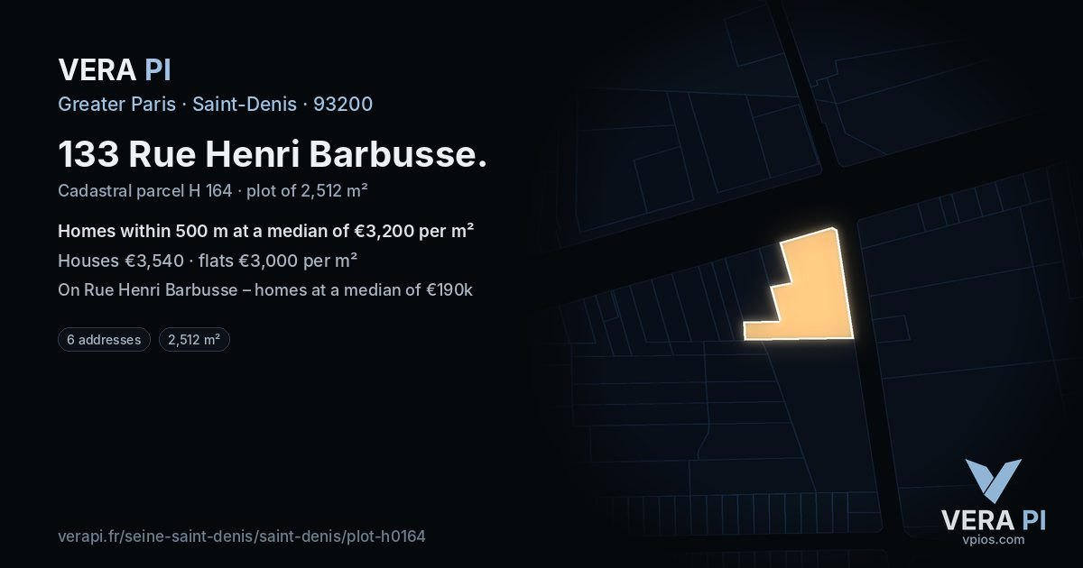 133 Rue Henri Barbusse, Saint-Denis at night – the plot lit, the parcels around coloured by the prices near them