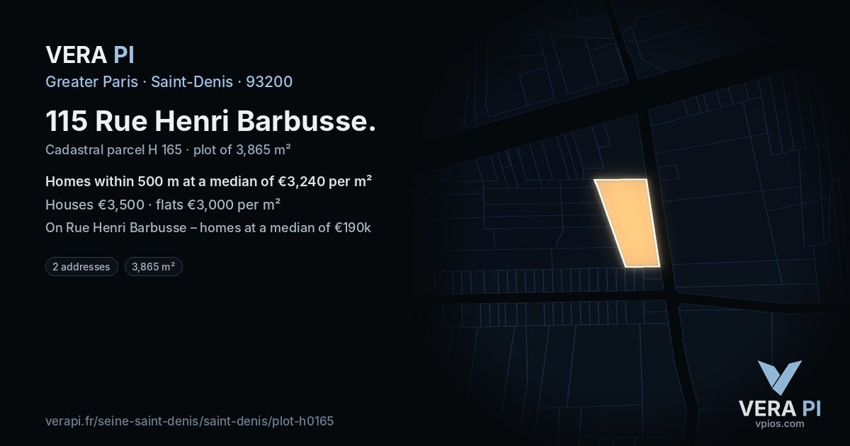 115 Rue Henri Barbusse, Saint-Denis at night – the plot lit, the parcels around coloured by the prices near them