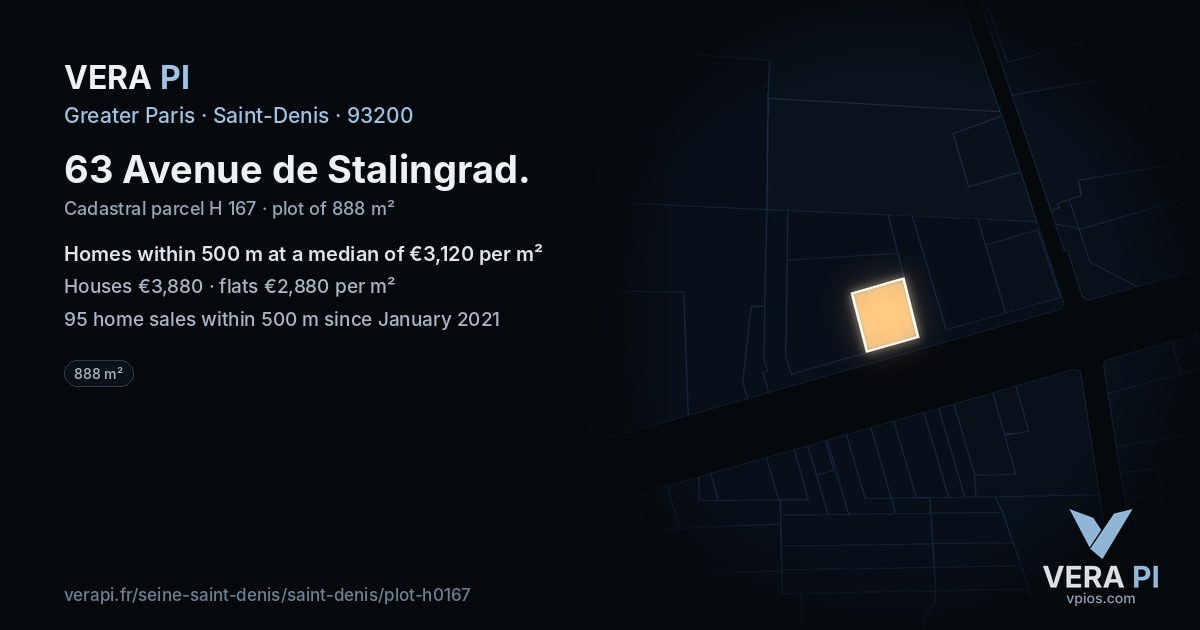 63 Avenue de Stalingrad, Saint-Denis at night – the plot lit, the parcels around coloured by the prices near them
