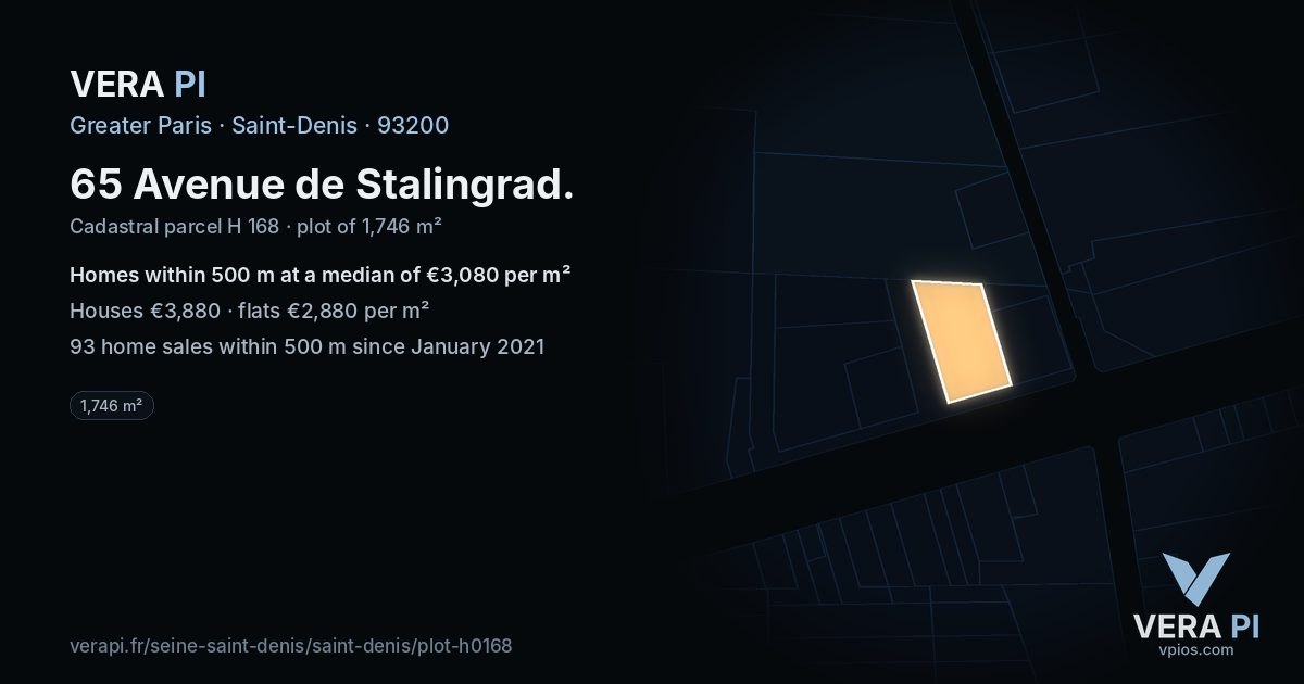 65 Avenue de Stalingrad, Saint-Denis at night – the plot lit, the parcels around coloured by the prices near them