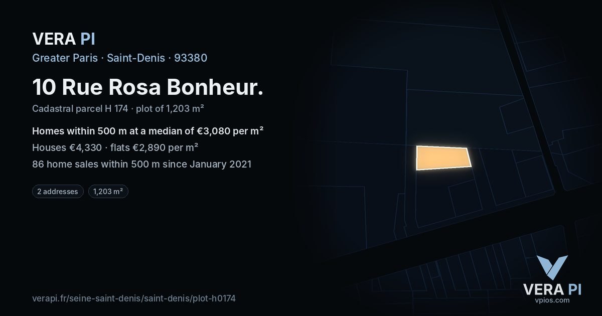 10 Rue Rosa Bonheur, Saint-Denis at night – the plot lit, the parcels around coloured by the prices near them
