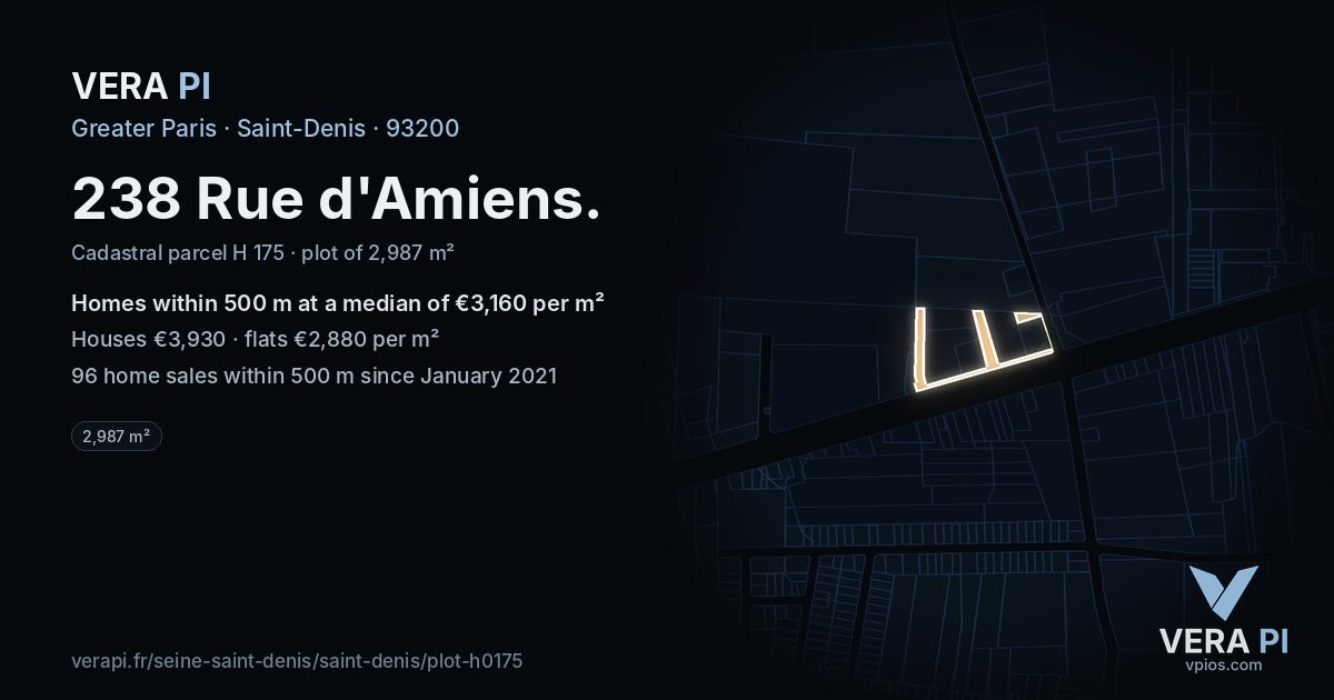 238 Rue d'Amiens, Saint-Denis at night – the plot lit, the parcels around coloured by the prices near them