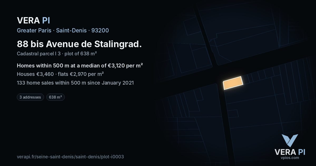 88 bis Avenue de Stalingrad, Saint-Denis at night – the plot lit, the parcels around coloured by the prices near them
