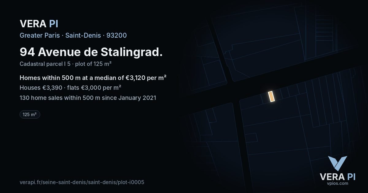 94 Avenue de Stalingrad, Saint-Denis at night – the plot lit, the parcels around coloured by the prices near them