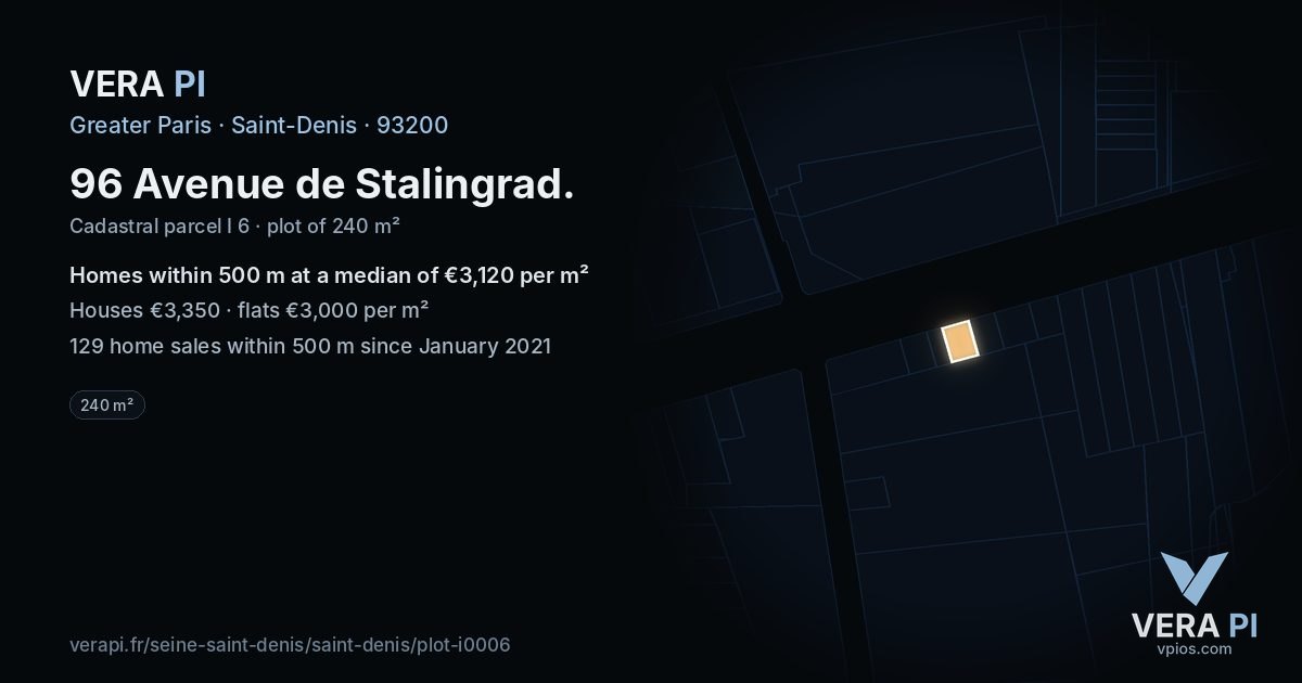 96 Avenue de Stalingrad, Saint-Denis at night – the plot lit, the parcels around coloured by the prices near them