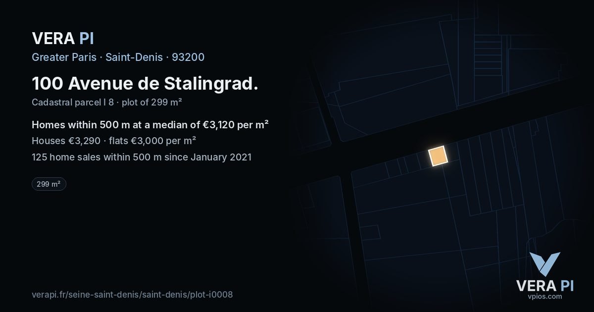 100 Avenue de Stalingrad, Saint-Denis at night – the plot lit, the parcels around coloured by the prices near them