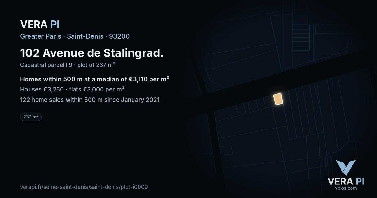 102 Avenue de Stalingrad, Saint-Denis at night – the plot lit, the parcels around coloured by the prices near them