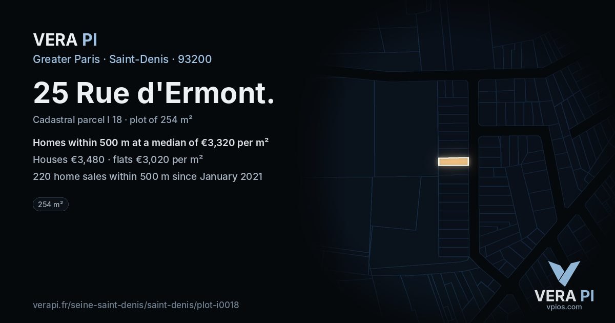 25 Rue d'Ermont, Saint-Denis at night – the plot lit, the parcels around coloured by the prices near them