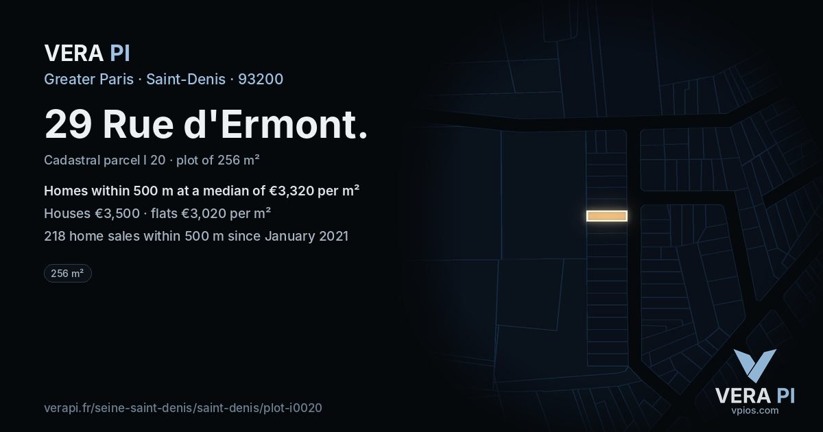 29 Rue d'Ermont, Saint-Denis at night – the plot lit, the parcels around coloured by the prices near them