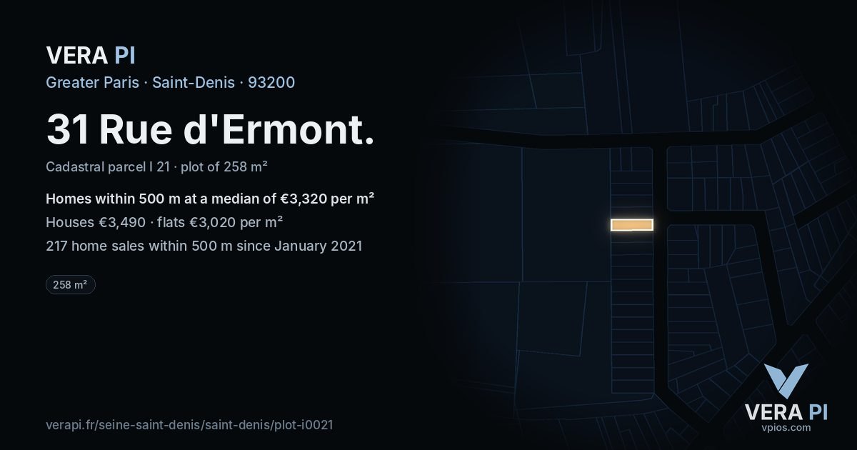 31 Rue d'Ermont, Saint-Denis at night – the plot lit, the parcels around coloured by the prices near them