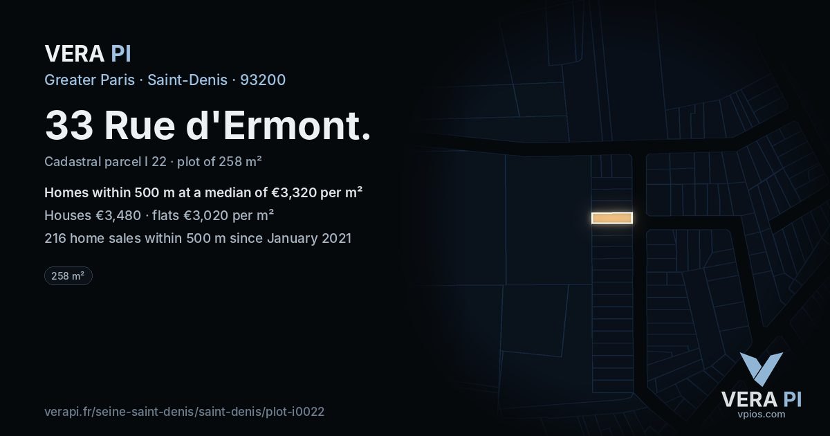 33 Rue d'Ermont, Saint-Denis at night – the plot lit, the parcels around coloured by the prices near them