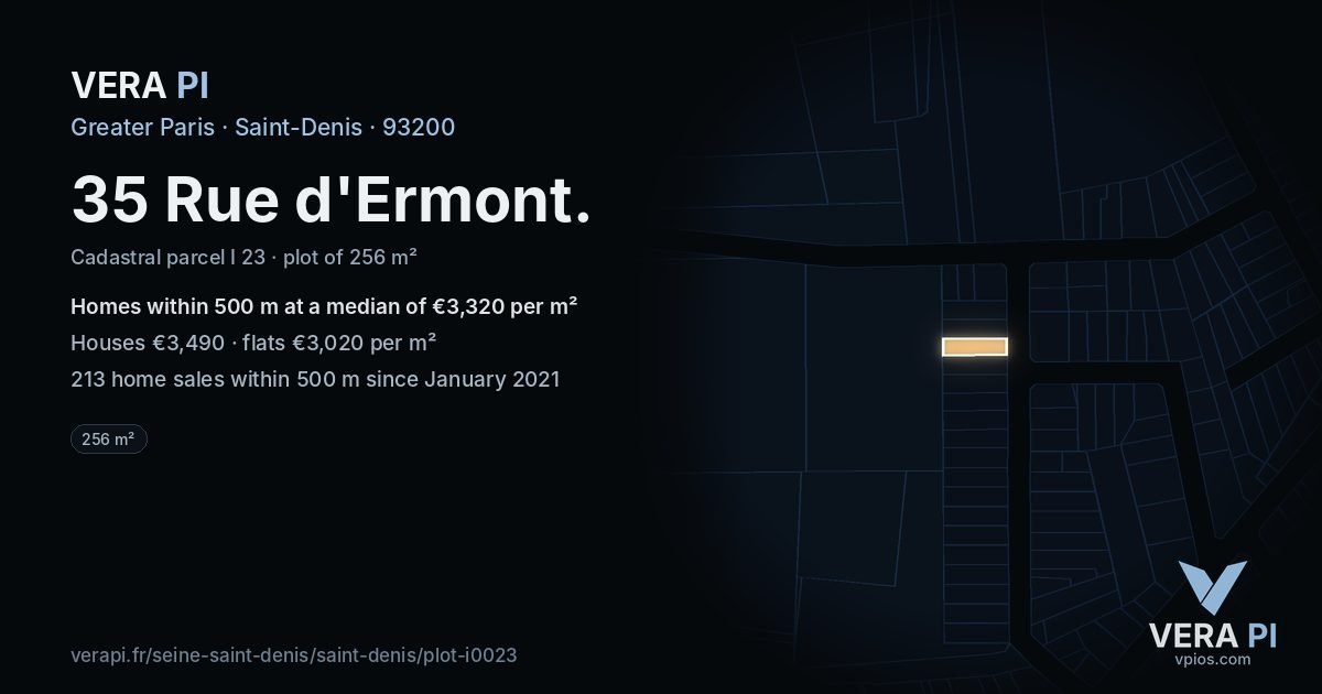 35 Rue d'Ermont, Saint-Denis at night – the plot lit, the parcels around coloured by the prices near them