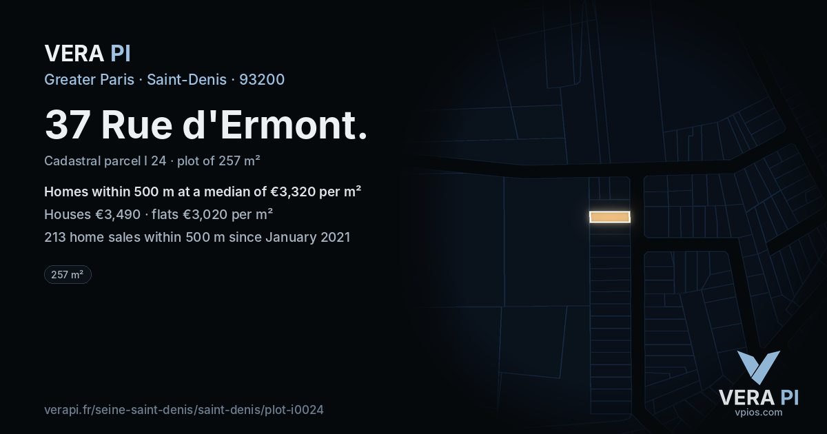37 Rue d'Ermont, Saint-Denis at night – the plot lit, the parcels around coloured by the prices near them