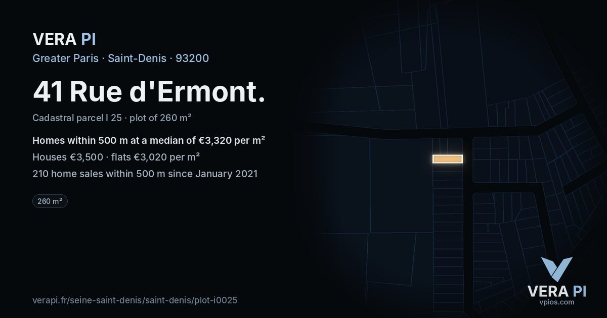 41 Rue d'Ermont, Saint-Denis at night – the plot lit, the parcels around coloured by the prices near them