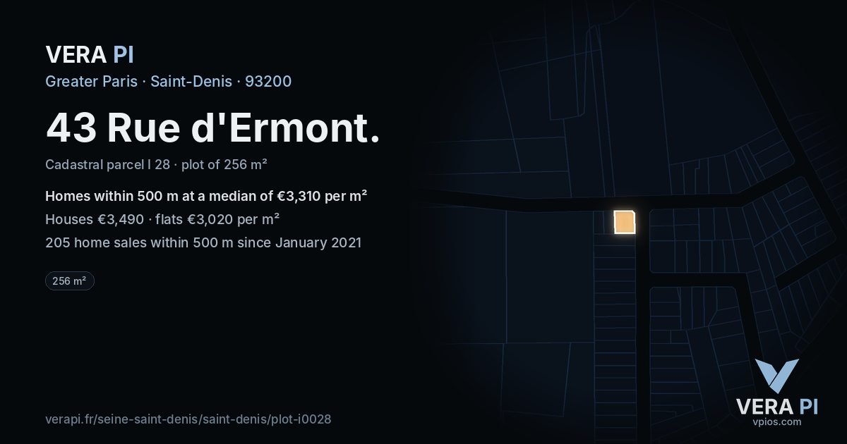 43 Rue d'Ermont, Saint-Denis at night – the plot lit, the parcels around coloured by the prices near them