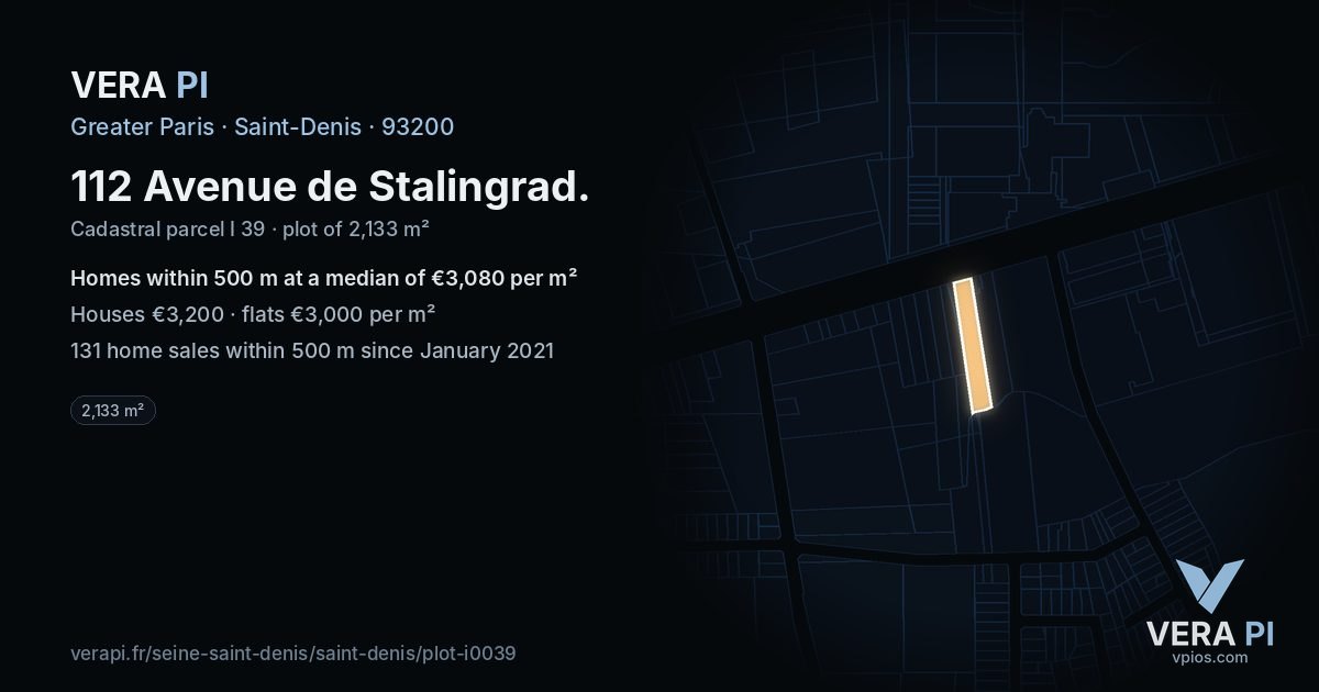 112 Avenue de Stalingrad, Saint-Denis at night – the plot lit, the parcels around coloured by the prices near them