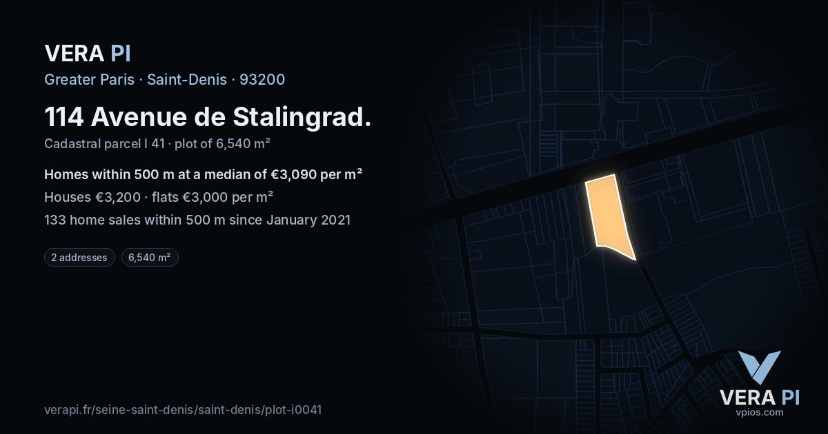 114 Avenue de Stalingrad, Saint-Denis at night – the plot lit, the parcels around coloured by the prices near them