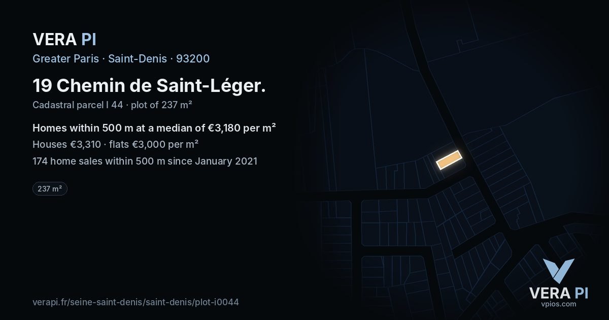 19 Chemin de Saint-Léger, Saint-Denis at night – the plot lit, the parcels around coloured by the prices near them